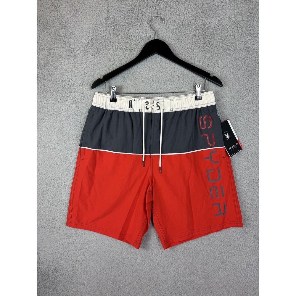 Spyder Swim Trunks Mens Large Red Gray Colorblock UV Quick Dry Stretch Beach New